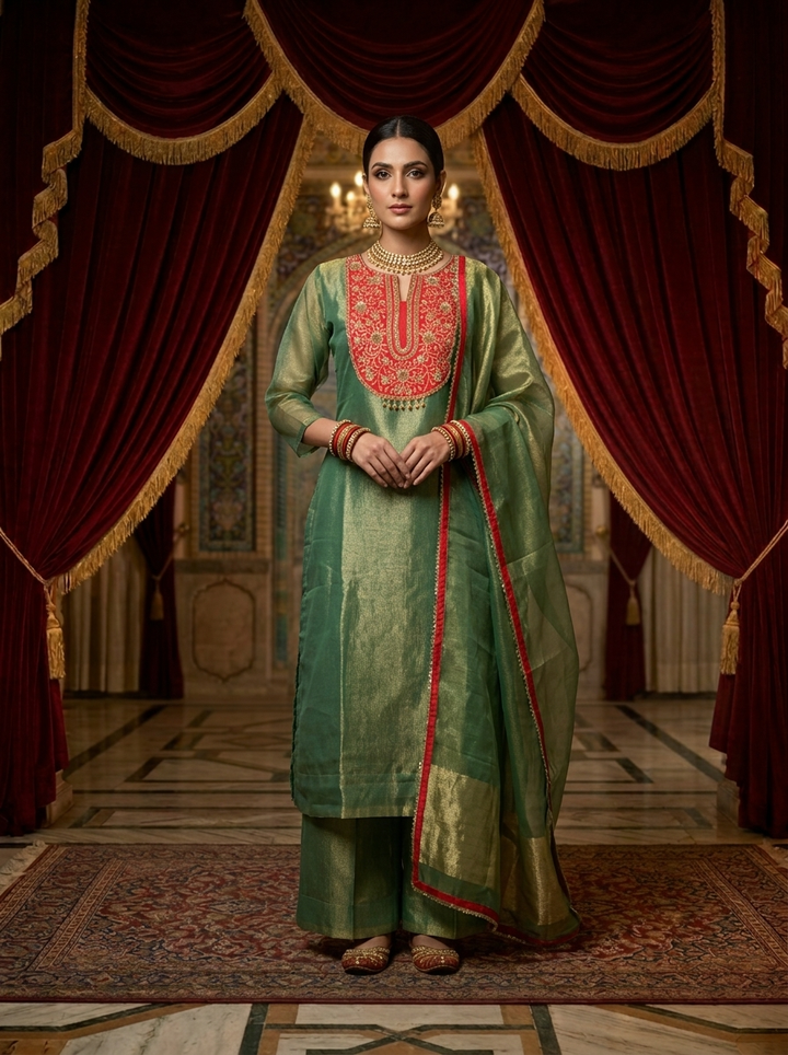 Neerus Green tissue embroidered suit set - front view