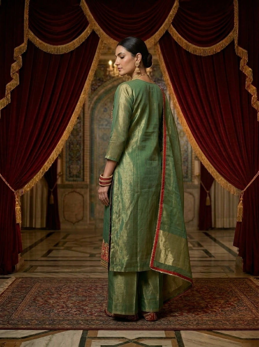 Neerus Green tissue embroidered suit set - back view
