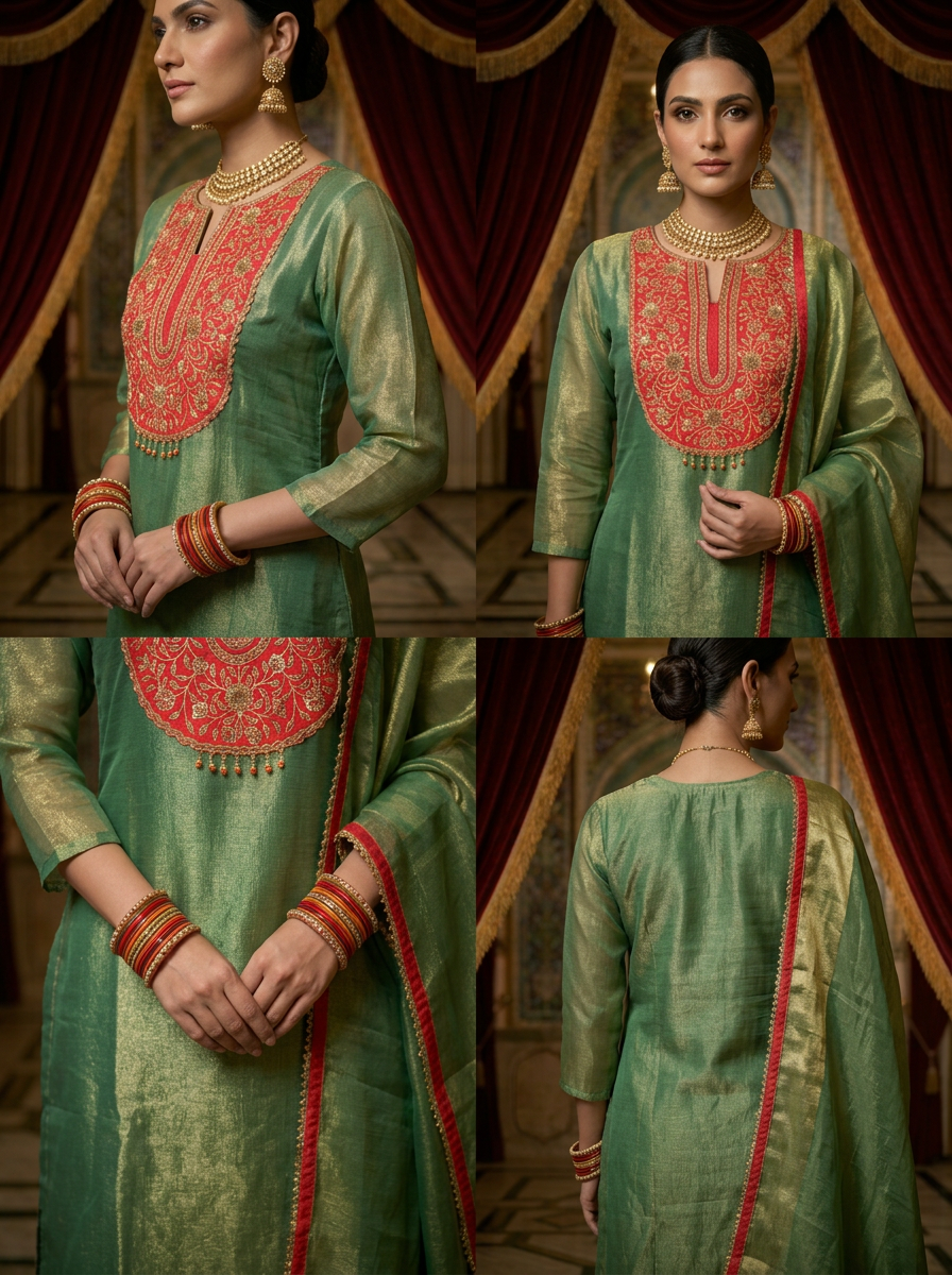 Neerus Green tissue embroidered suit set - side view