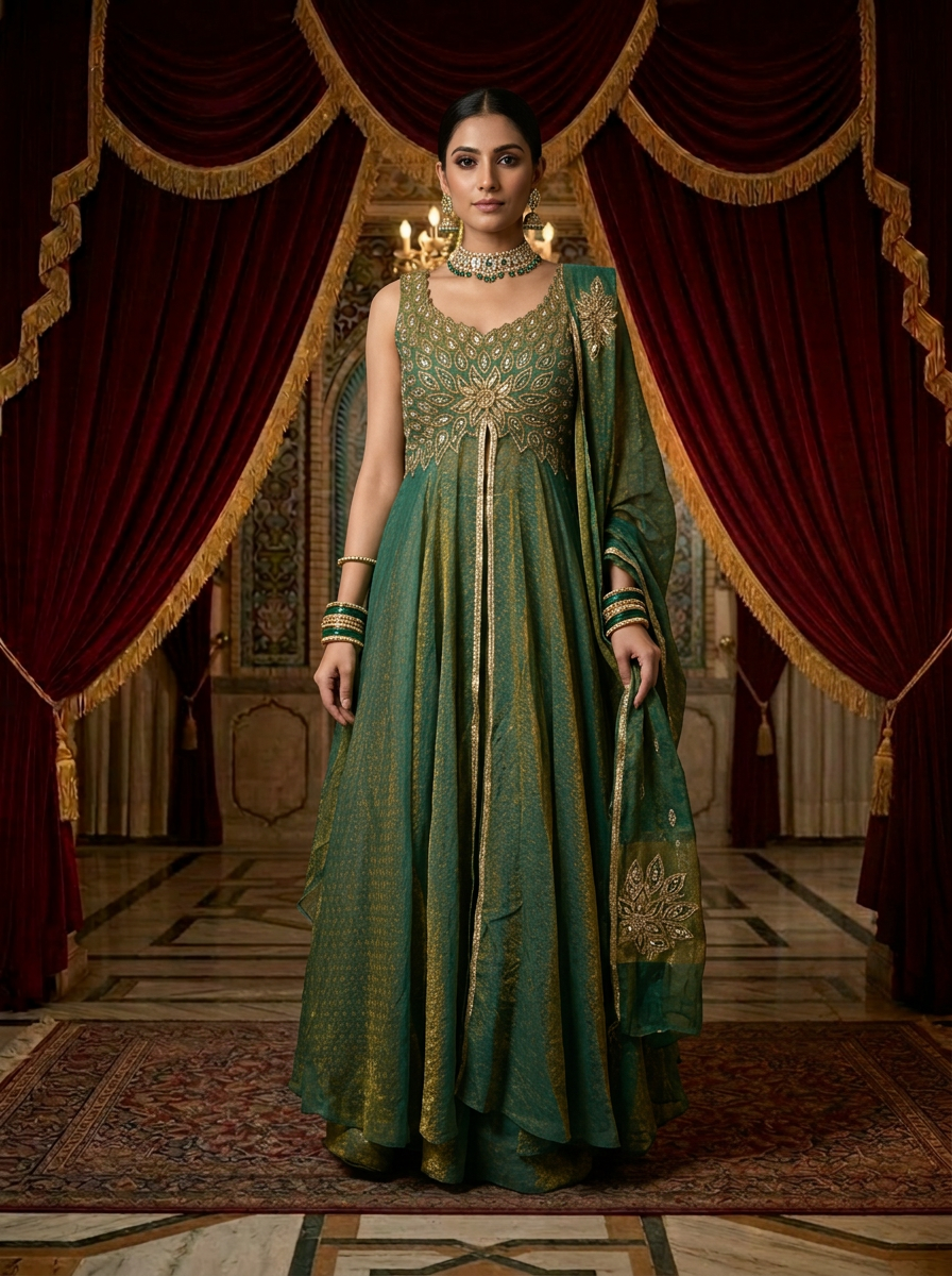 Neerus Green silk hand embroidered Anarkali suit set - front view