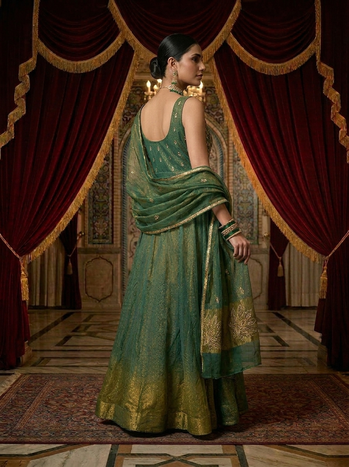 Neerus Green silk hand embroidered Anarkali suit set - back view