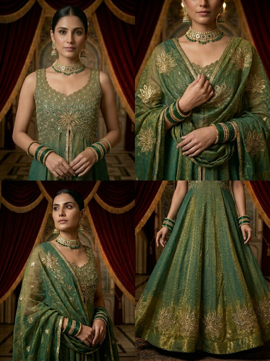 Neerus Green silk hand embroidered Anarkali suit set - side view