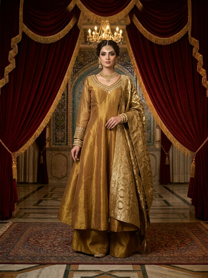 Neerus Gold tissue printed suit set - front view