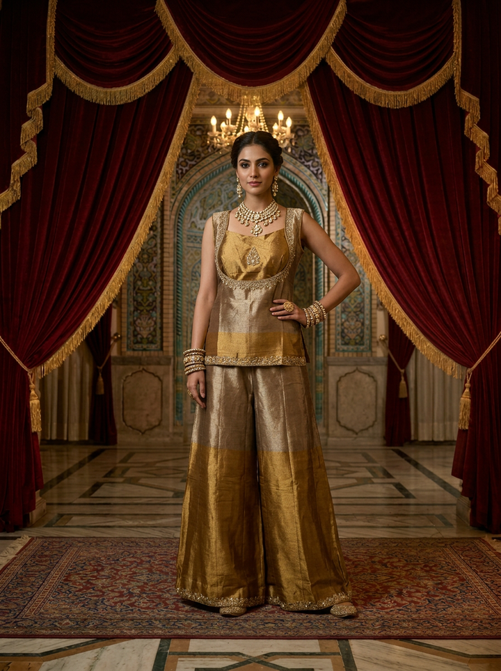 Neerus Gold tissue embellished suit set with palazzo and dupatta - front view