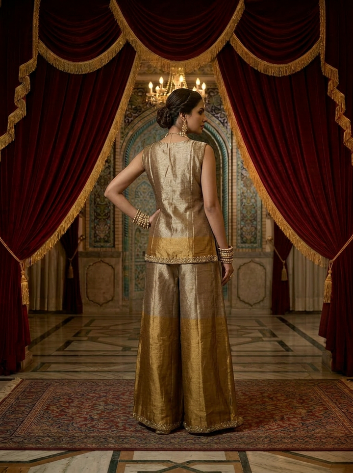 Neerus Gold tissue embellished suit set with palazzo and dupatta - back view