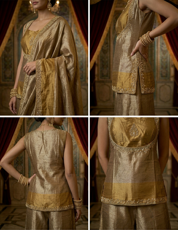 Neerus Gold tissue embellished suit set with palazzo and dupatta - side view