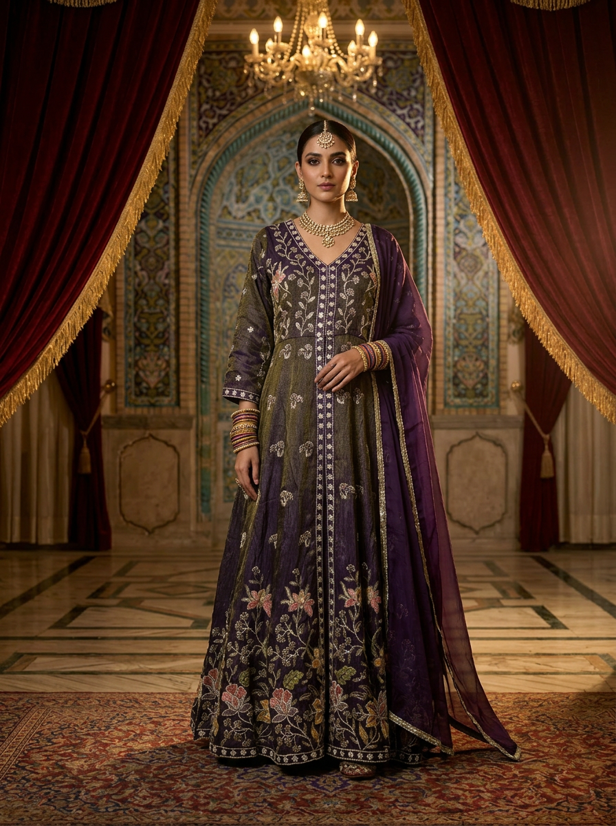 Neerus Purple tissue hand embroidered Anarkali suit set - front view