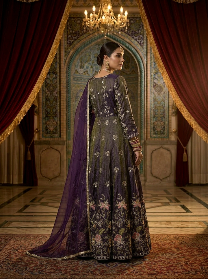 Neerus Purple tissue hand embroidered Anarkali suit set - back view