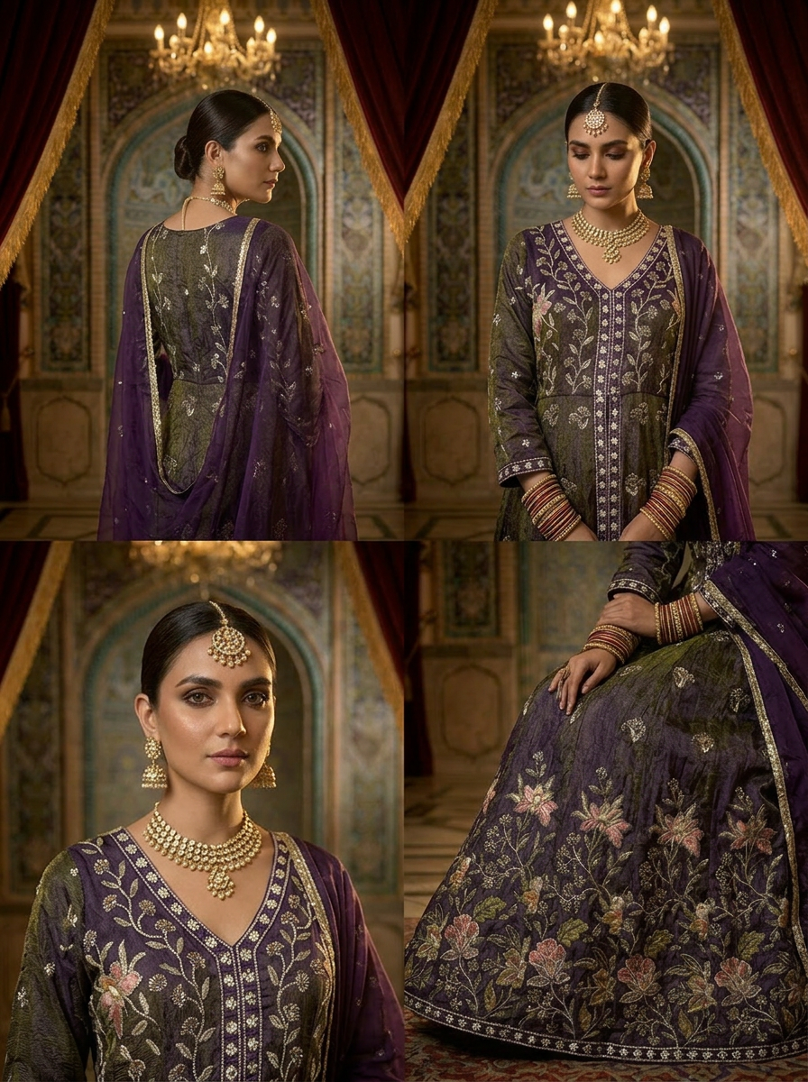 Neerus Purple tissue hand embroidered Anarkali suit set - side view