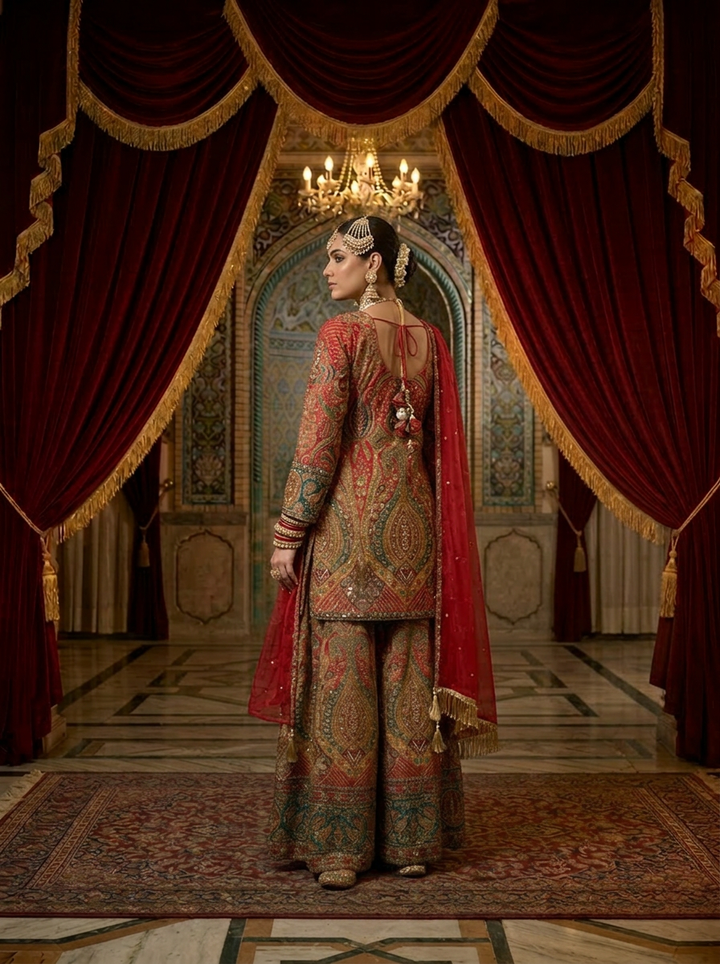 Neerus Pink Chinon Embellished Lehenga Set - back view