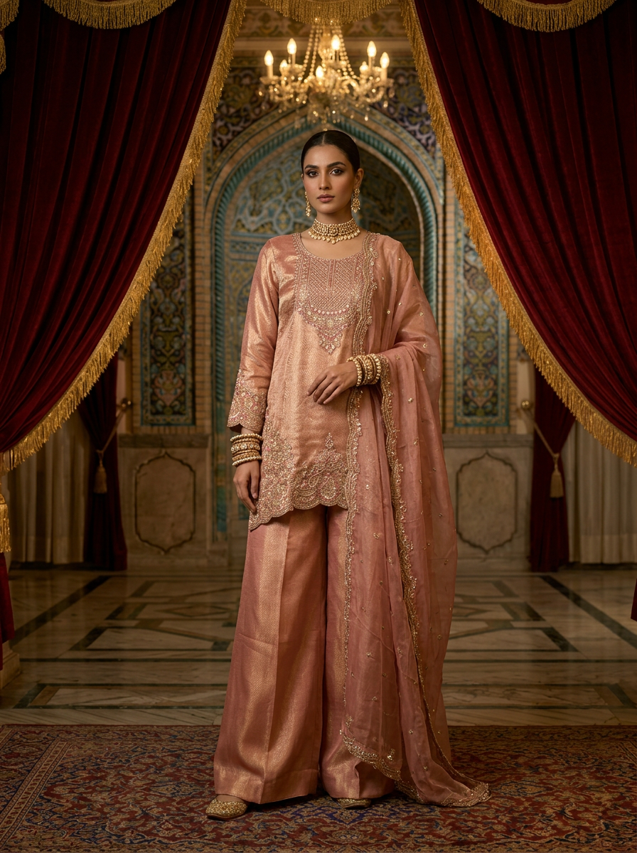 Neerus Pink tissue embroidered suit set with palazzo and dupatta - front view