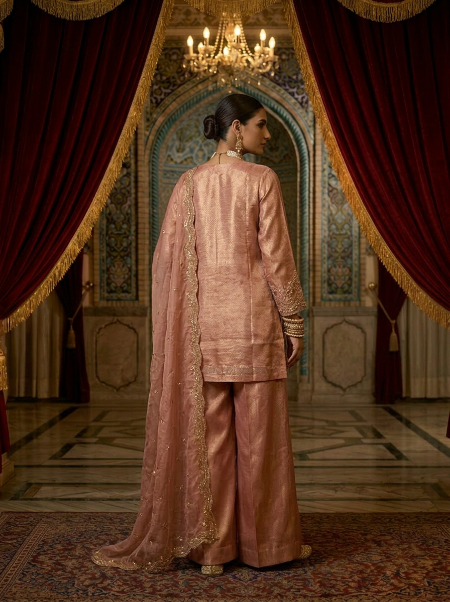 Neerus Pink tissue embroidered suit set with palazzo and dupatta - back view