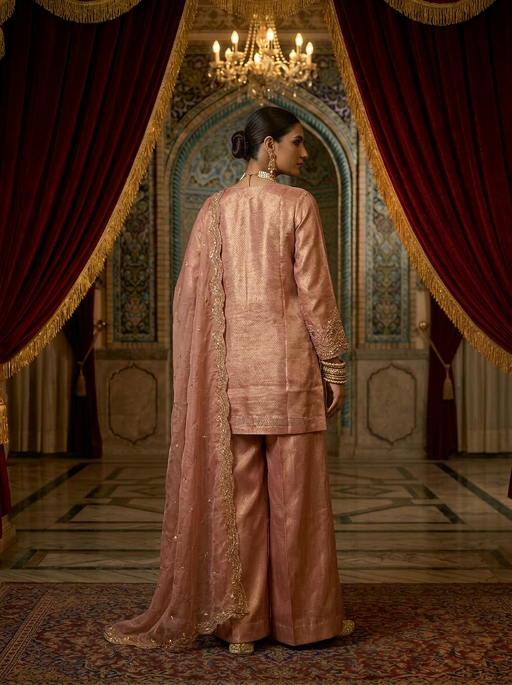 Neerus Pink tissue embroidered suit set with palazzo and dupatta - back view