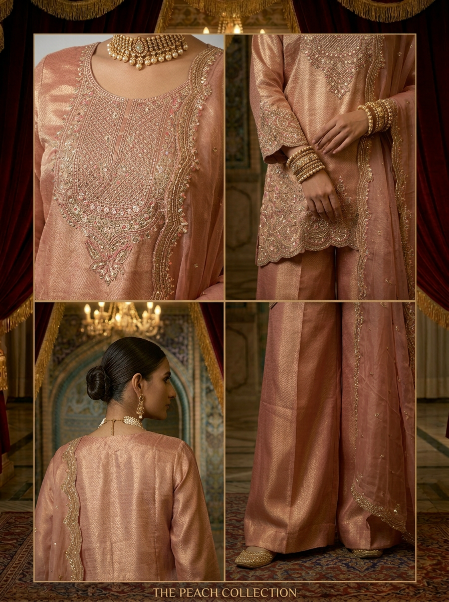 Neerus Pink tissue embroidered suit set with palazzo and dupatta - side view