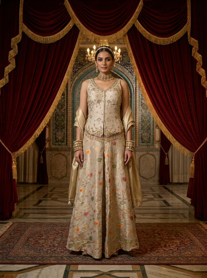Neerus Beige tissue embroidered suit set - front view