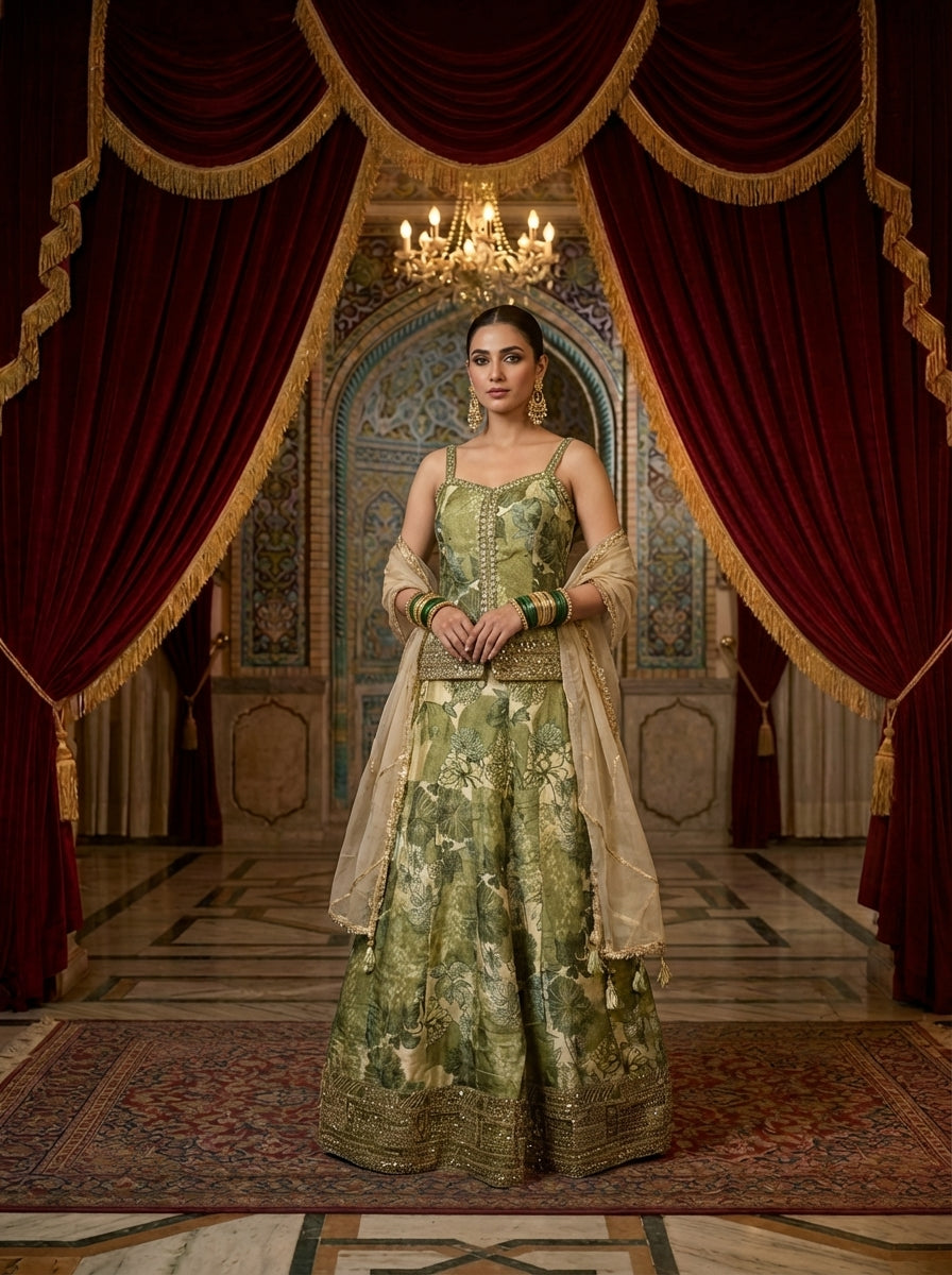 Neerus Green tissue embroidered lehenga set - front view