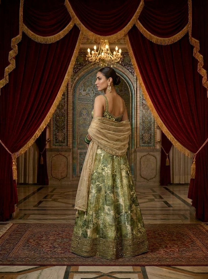 Neerus Green tissue embroidered lehenga set - back view