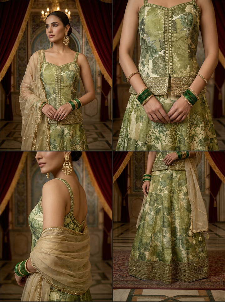 Neerus Green tissue embroidered lehenga set - side view