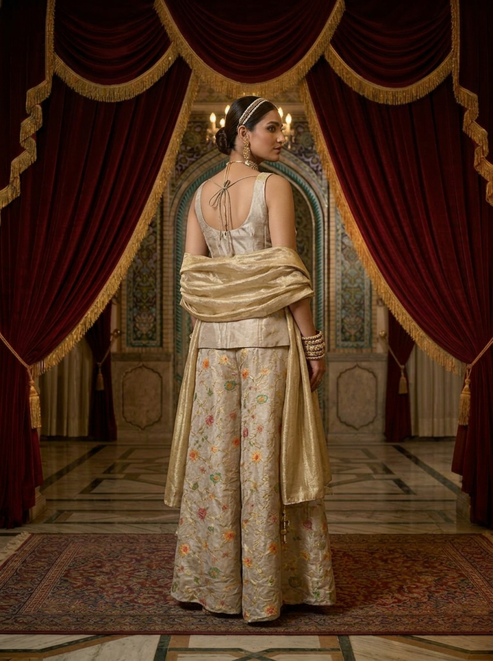 Neerus Beige tissue embroidered suit set - back view