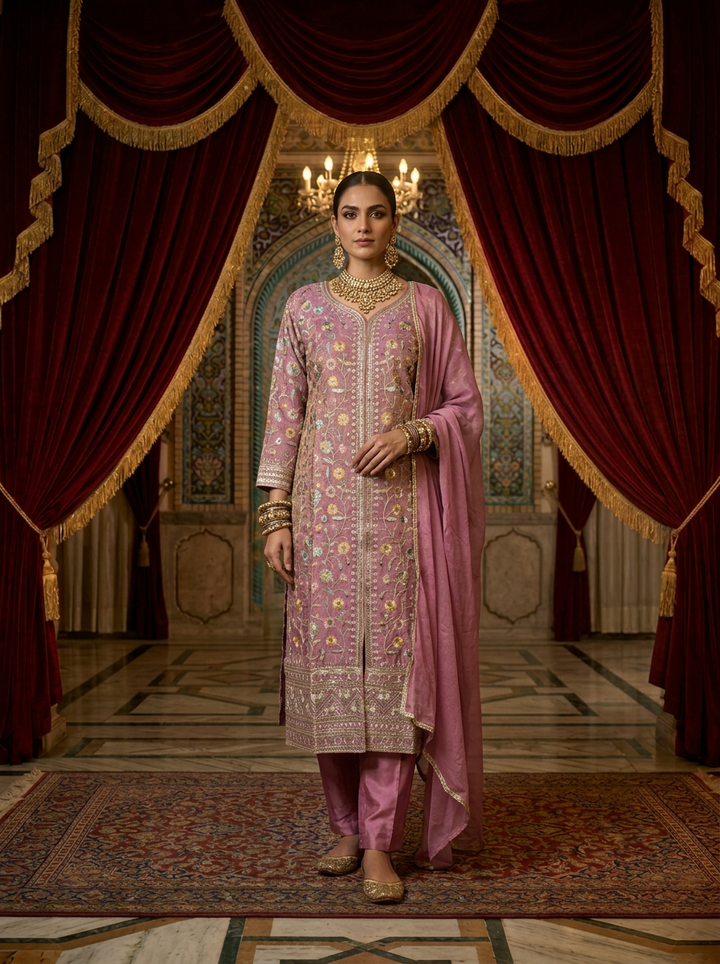 Neerus Purple tissue thread embroidered suit set - front view