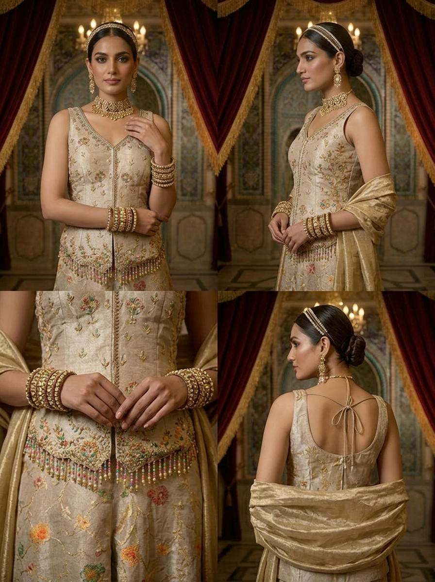Neerus Beige tissue embroidered suit set - side view