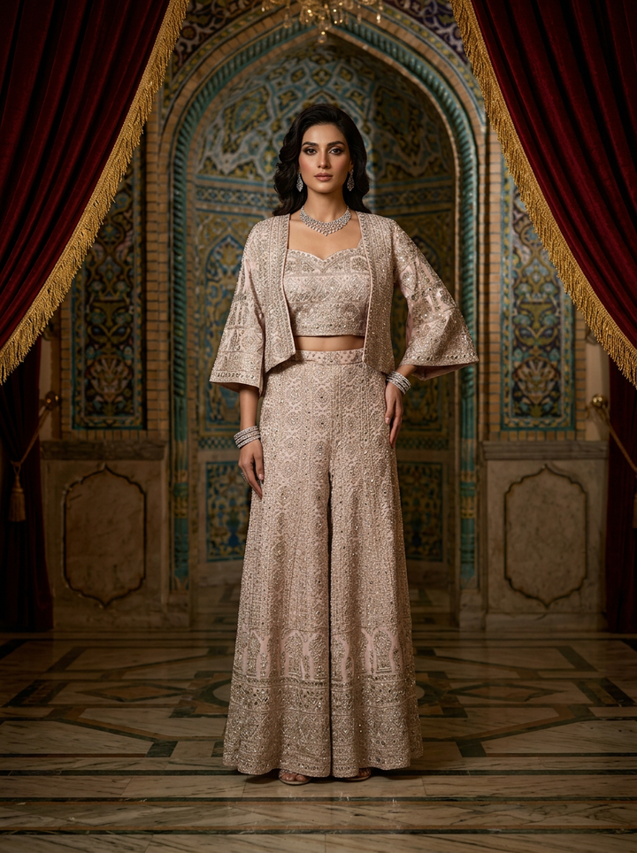 Neerus Pink georgette embroidered suit set with palazzo and jacket - front view