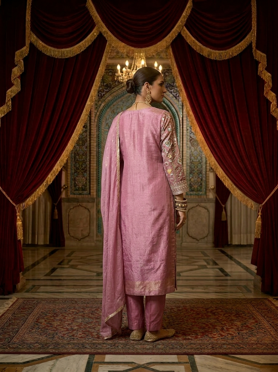 Neerus Purple tissue thread embroidered suit set - back view
