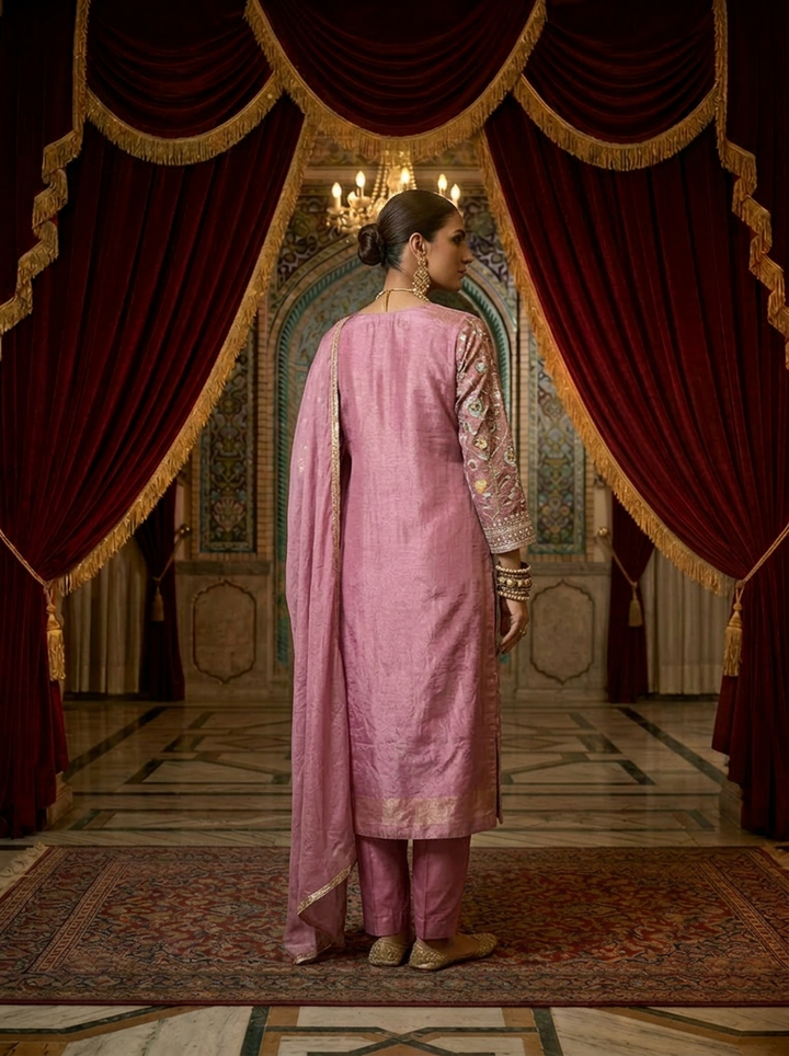 Neerus Purple tissue thread embroidered suit set - back view