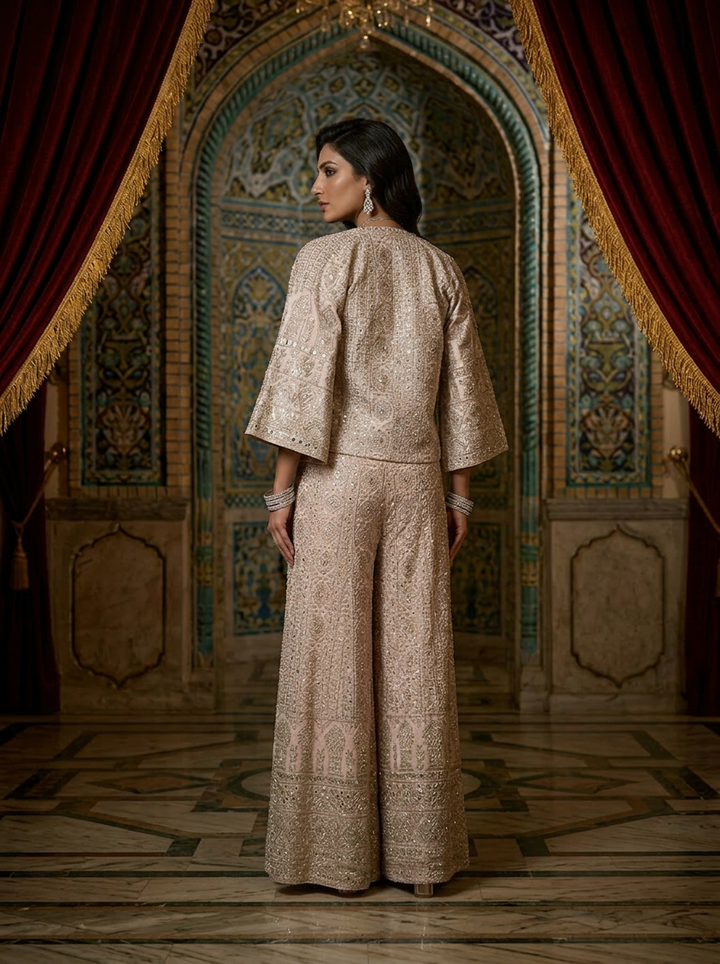 Neerus Pink georgette embroidered suit set with palazzo and jacket - back view