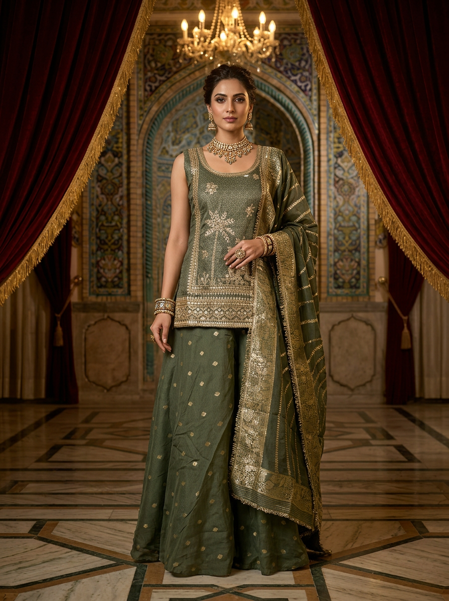 Neerus Green Banarasi embroidered lehenga set - front view