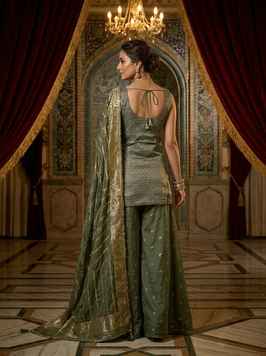 Neerus Green Banarasi embroidered lehenga set - back view
