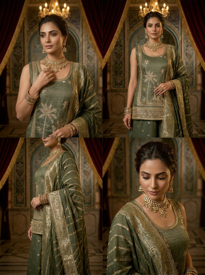 Neerus Green Banarasi embroidered lehenga set - side view