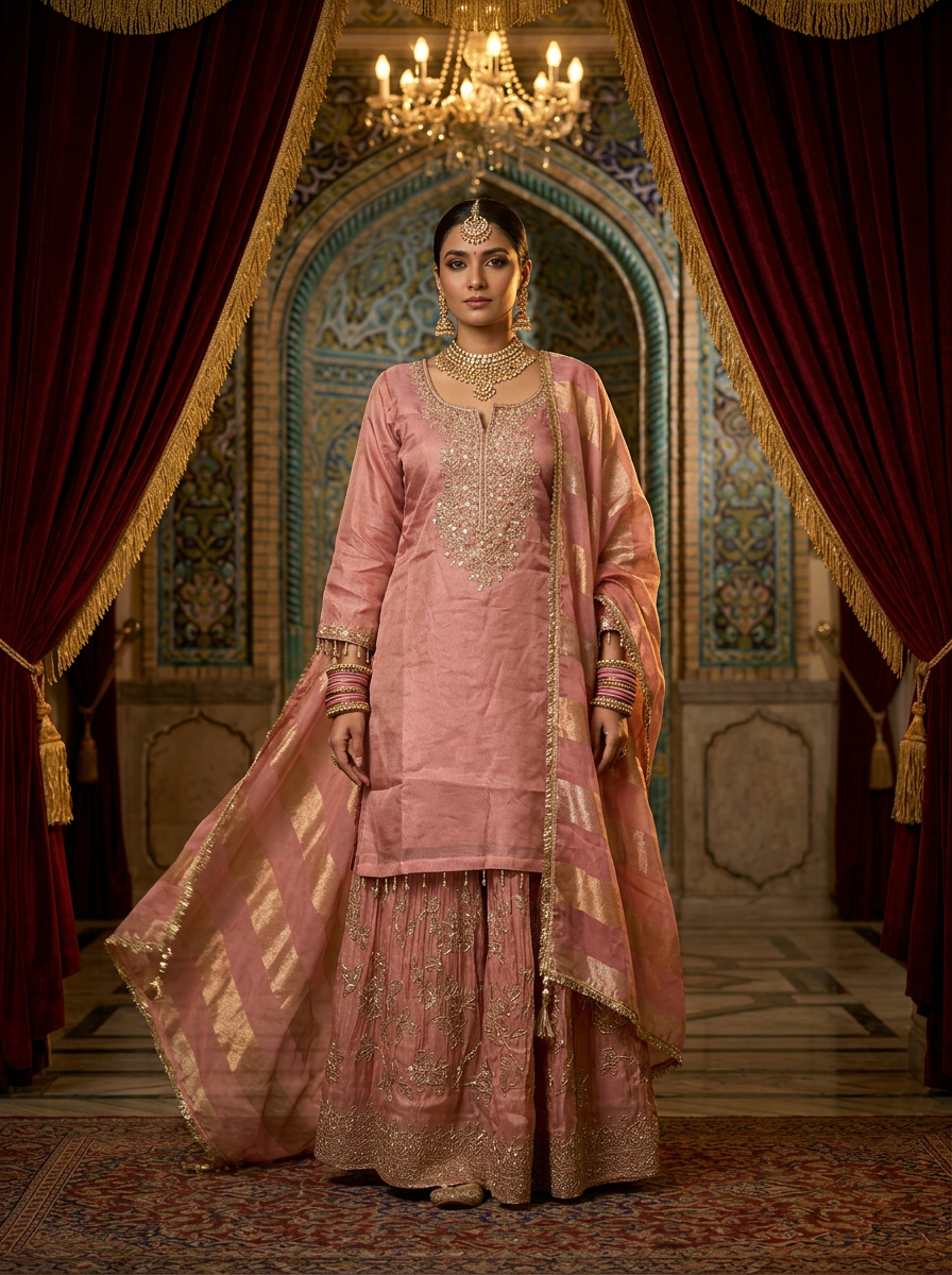Neerus Pink tissue embellished suit set - front view