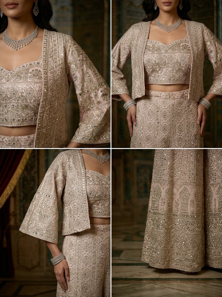 Neerus Pink georgette embroidered suit set with palazzo and jacket - side view
