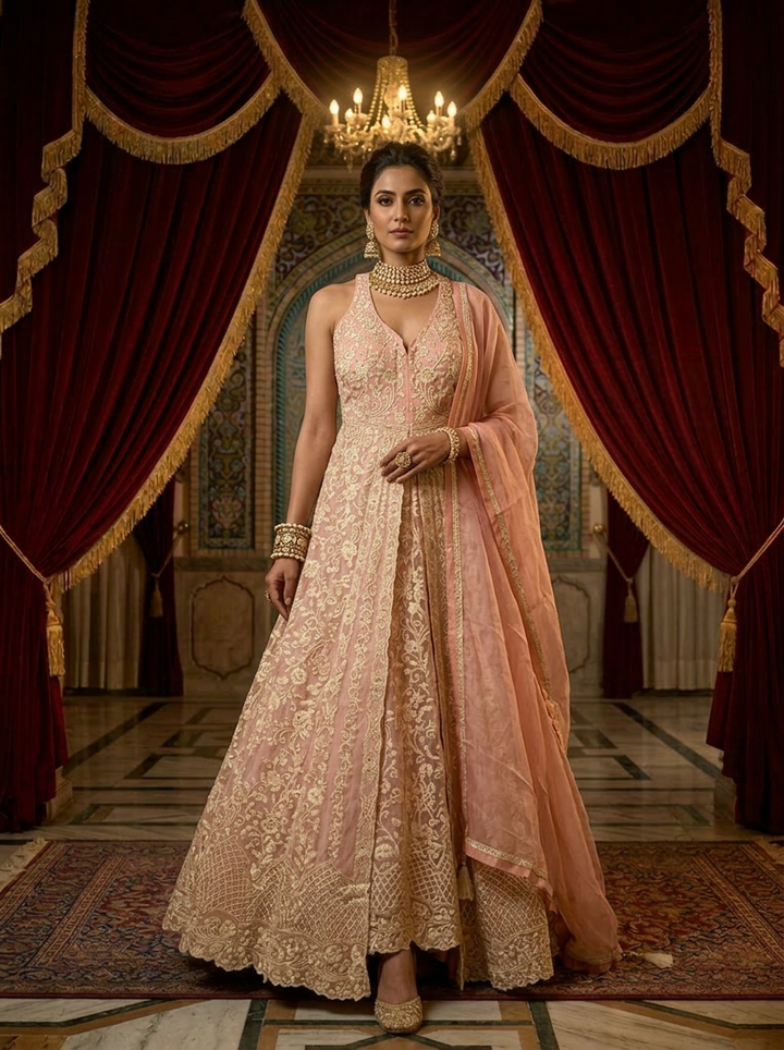 Neerus Pink silk thread embroidered ghagra suit set - front view