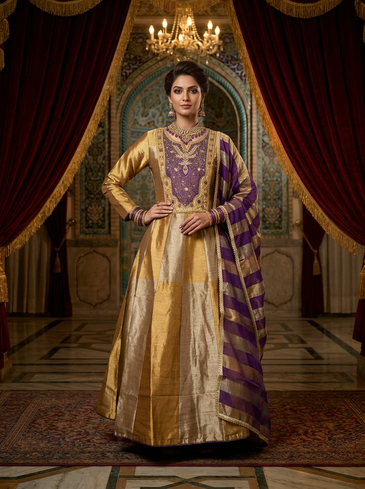 Neerus Gold tissue embellished suit set - front view
