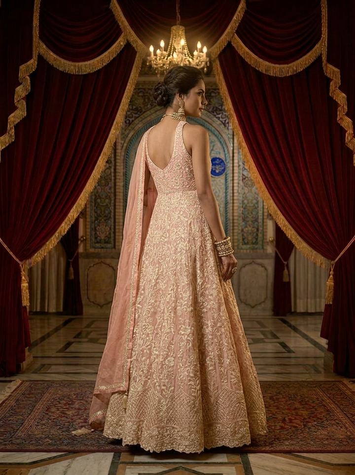 Neerus Pink silk thread embroidered ghagra suit set - back view