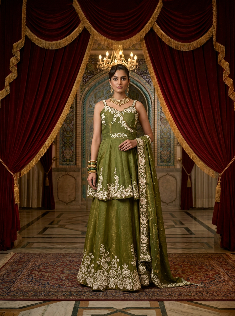 Neerus Green silk thread embroidered lehenga set - front view