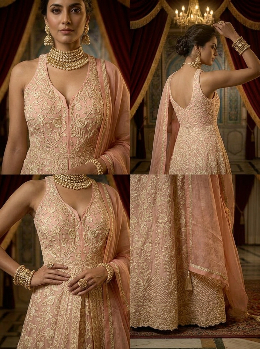 Neerus Pink silk thread embroidered ghagra suit set - side view