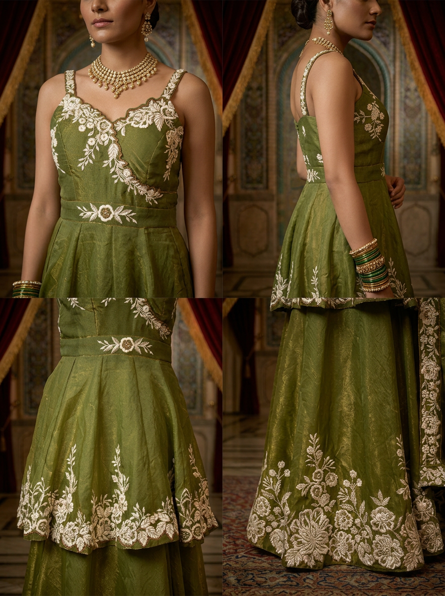 Neerus Green silk thread embroidered lehenga set - side view