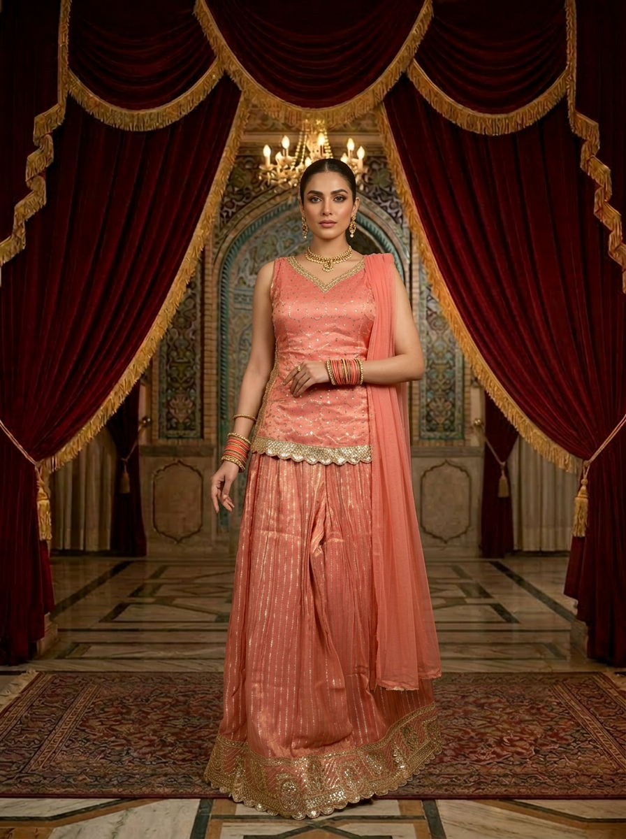 Neerus Pink tissue embellished lehenga set - front view