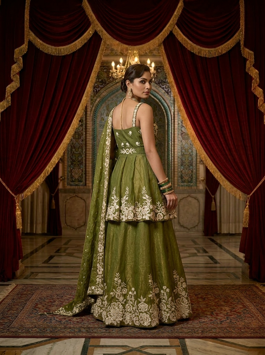 Neerus Green silk thread embroidered lehenga set - back view