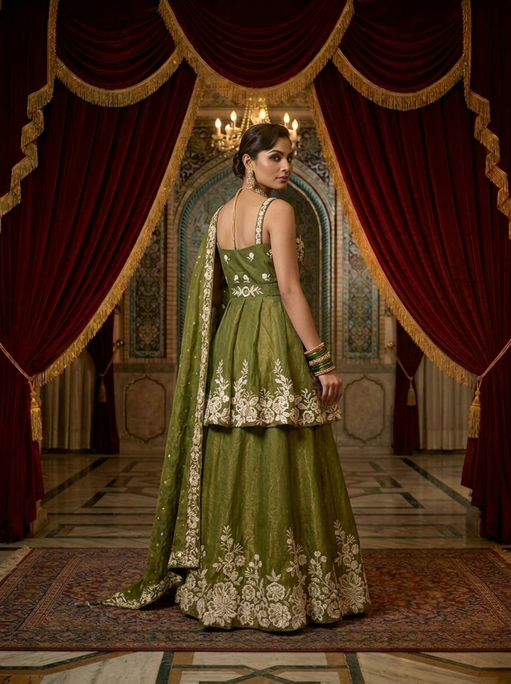 Neerus Green silk thread embroidered lehenga set - back view