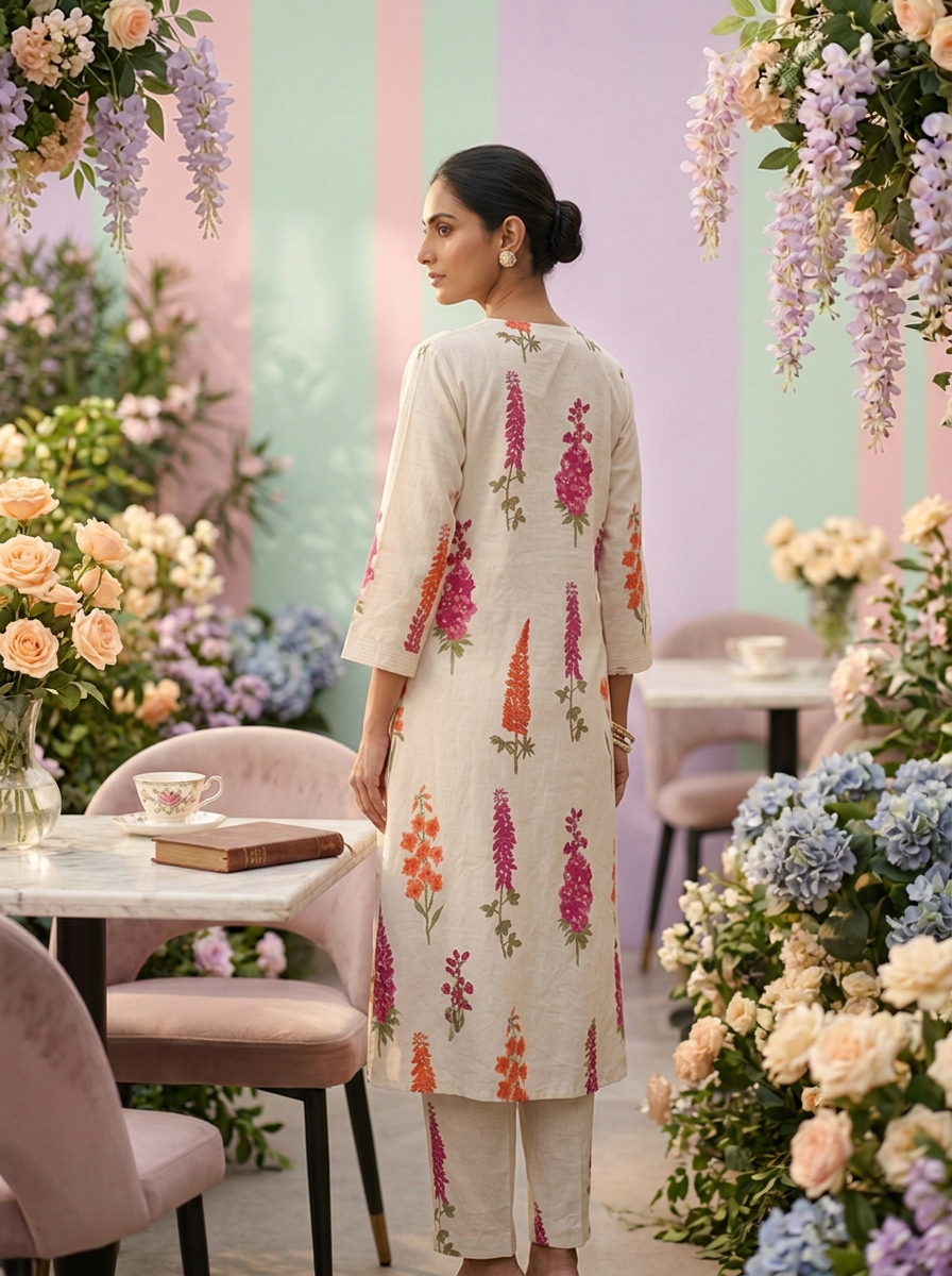 Neerus White cotton digital printed suit set - side view