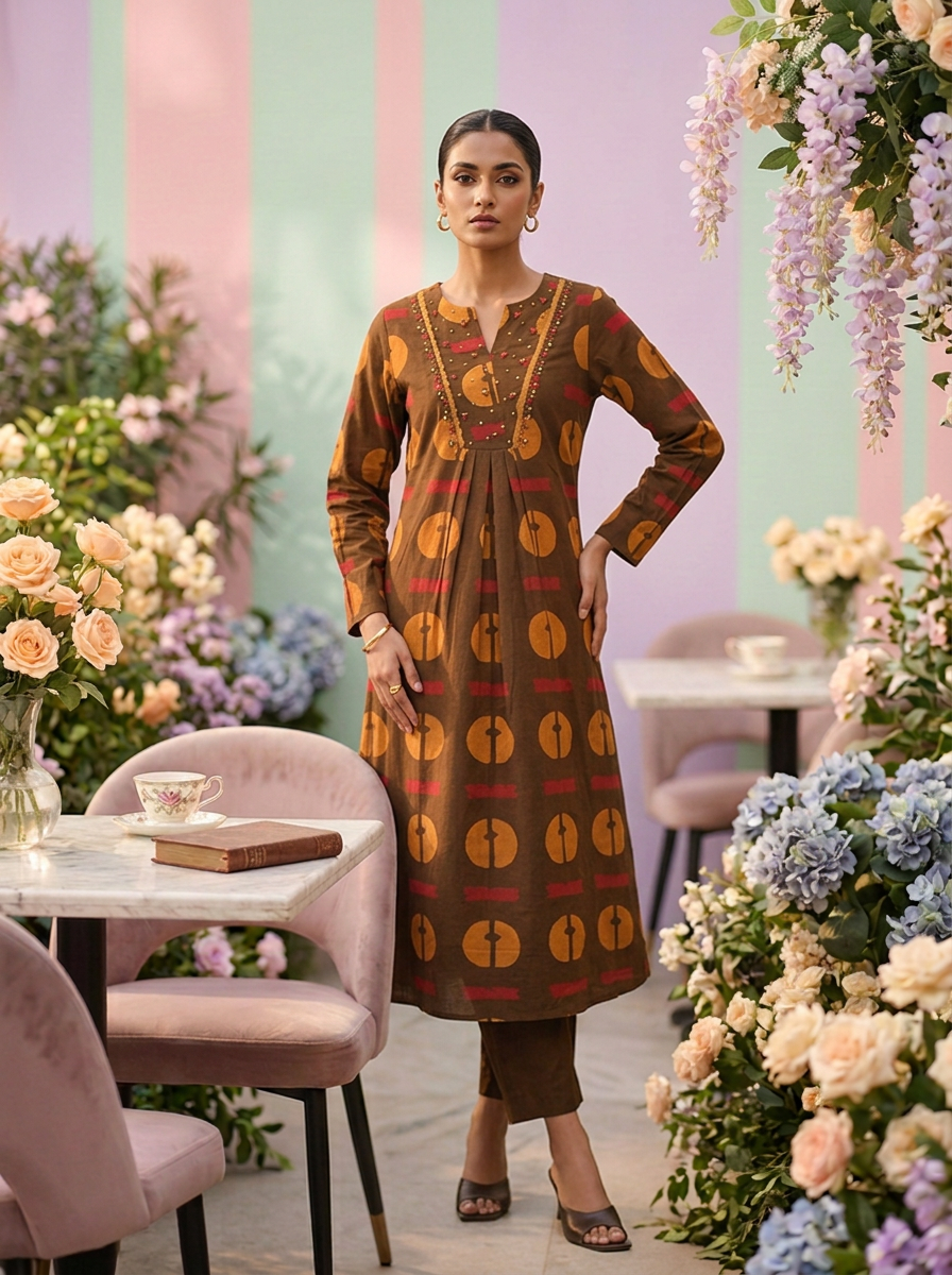 Neerus Brown cotton printed kurta set - front view