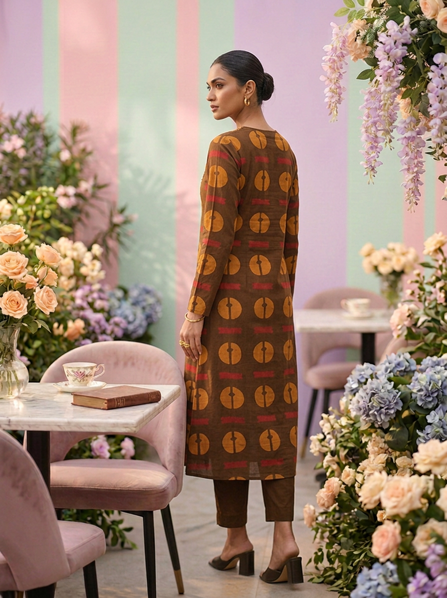 Neerus Brown cotton printed kurta set - back view