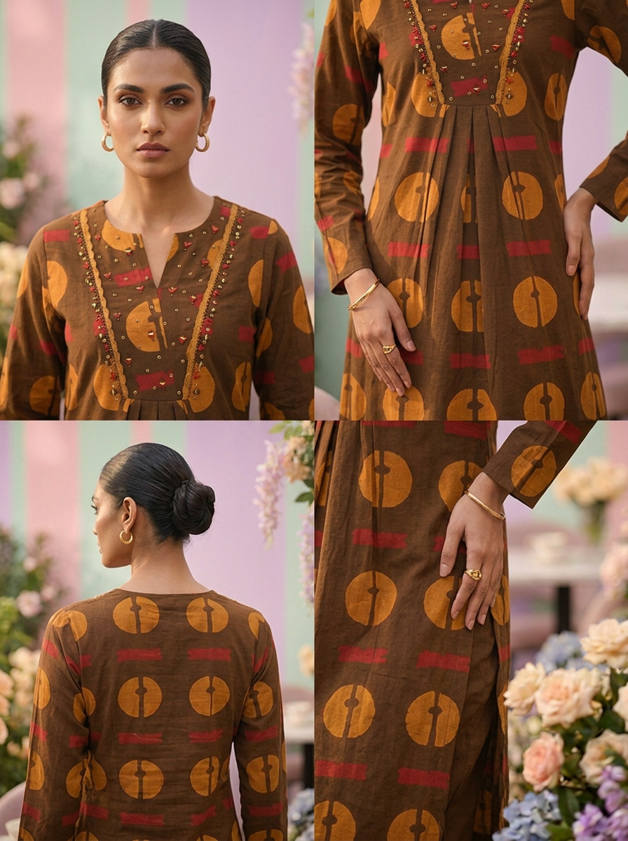 Neerus Brown cotton printed kurta set - side view