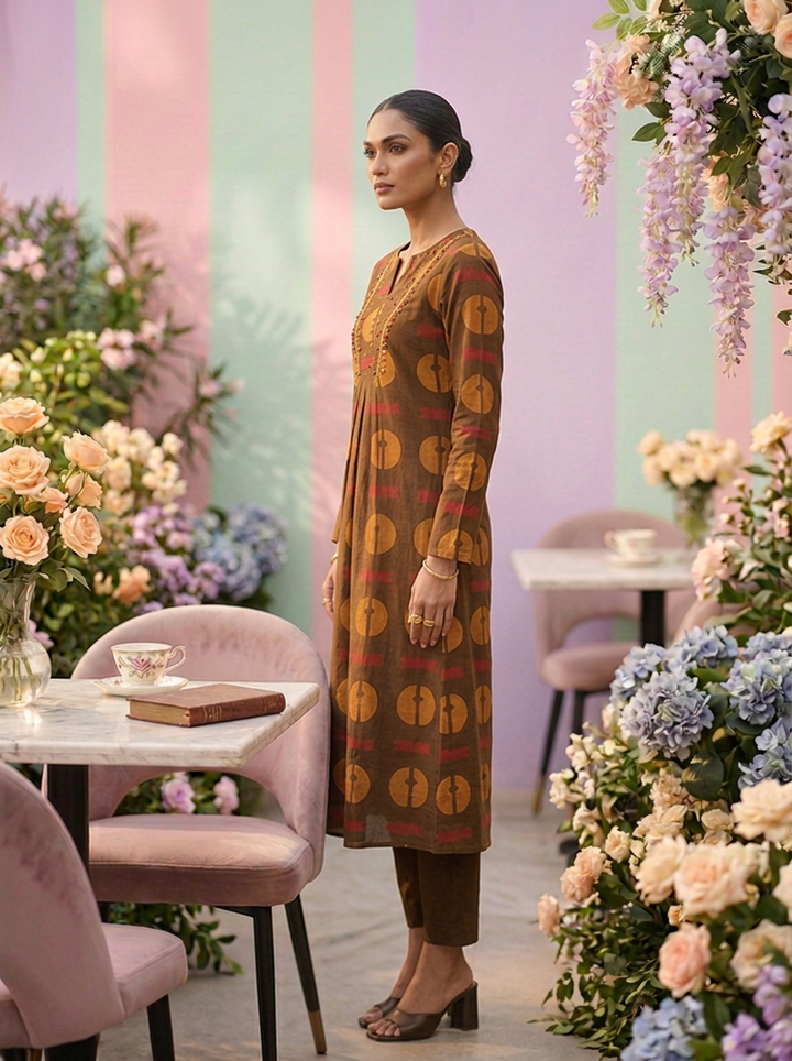 Neerus Brown cotton printed kurta set - detail view 1