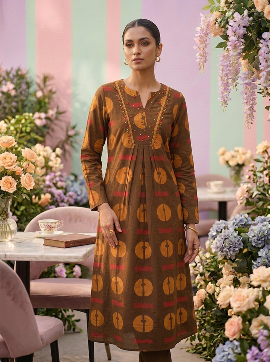 Neerus Brown cotton printed kurta set - detail view 2