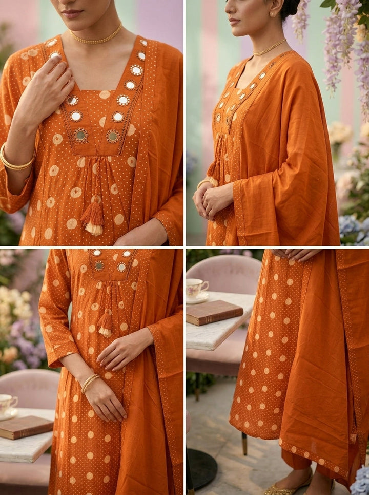 Neerus Orange cotton printed suit set - side view